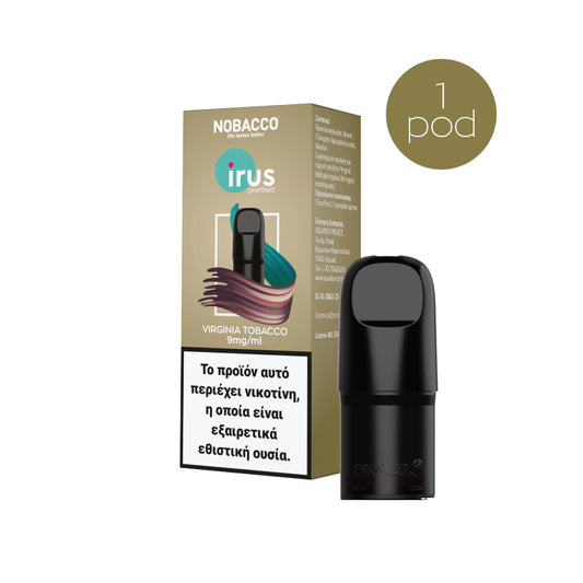 Packaging of Nobacco Irus Virginia Tobacco prefilled pod for electronic cigarettes, displaying the product and its flavor.