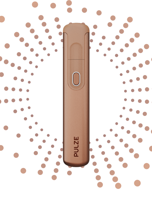 A PULZE 2.0 vaping device in a color resembling Midnight Mocha, with a sleek and modern design, displayed with a circular pattern emphasizing its design and color.