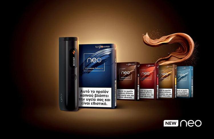 Glo HYPER PRO neo vaping device and packaging on a dark background