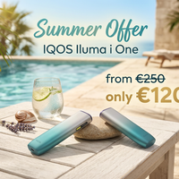 IQOS Iluma i One devices on a table by a pool with promotional text.