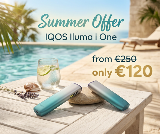 IQOS Iluma i One devices on a table by a pool with promotional text.