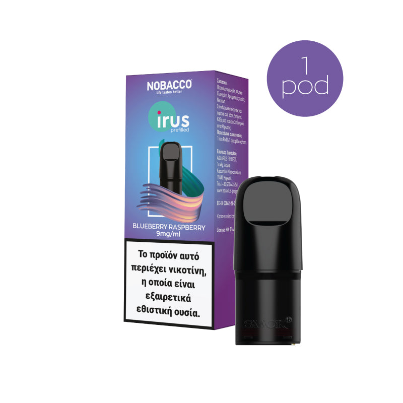 Packaging of Nobacco Irus electronic cigarette pod with Blueberry Raspberry flavor. The box is predominantly purple and black, with an image of the pod and text detailing the flavor and product information.