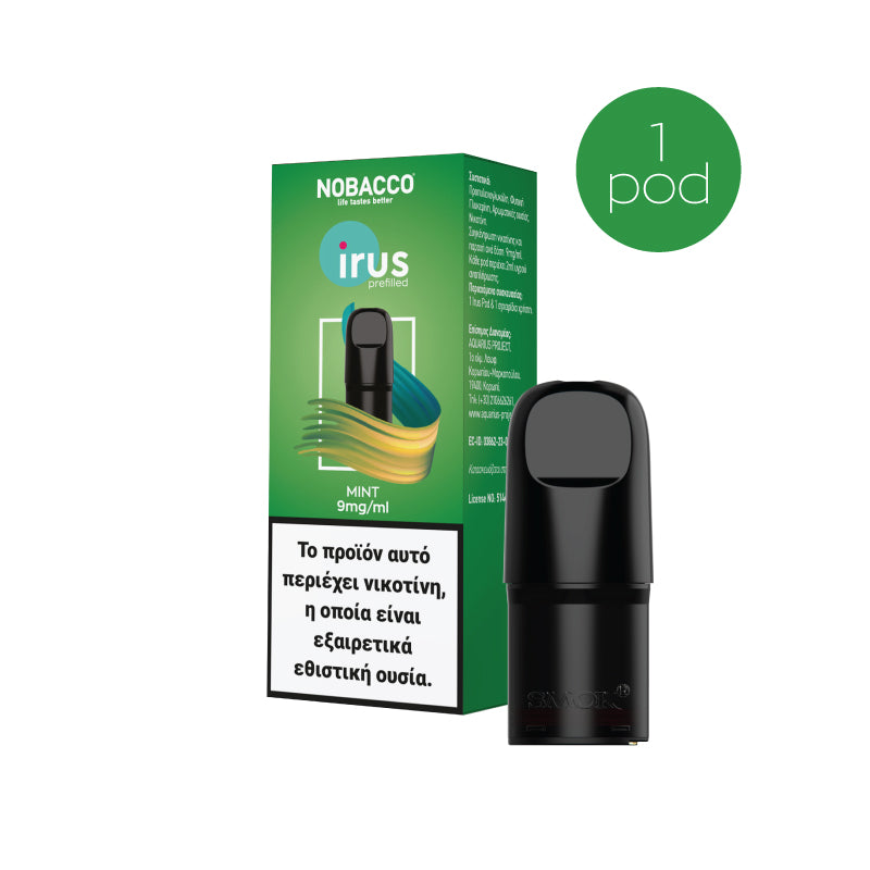 A Nobacco Irus electronic cigarette pod with mint flavor, displayed next to its packaging which has text and a green and blue design.
