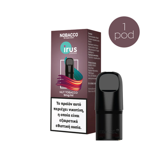 A Nobacco Irus electronic cigarette pod, Nut Tobacco flavor, displayed in front of its packaging which is predominantly purple and magenta with white and green text.