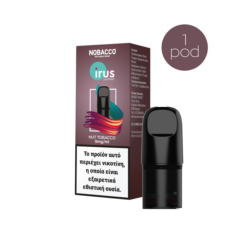 A Nobacco Irus electronic cigarette pod, Nut Tobacco flavor, displayed in front of its packaging which is predominantly purple and magenta with white and green text.