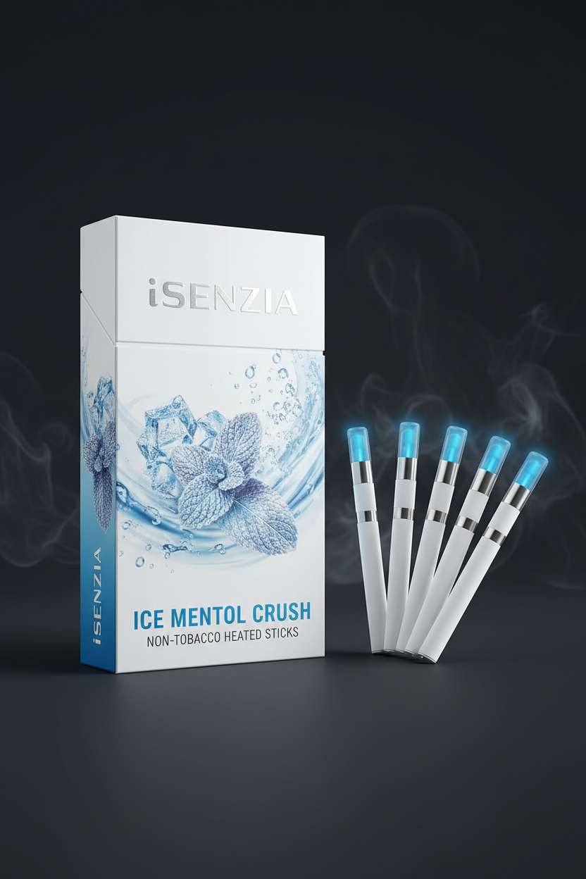 iSenzia Ice Menthol Crush non-tobacco heated sticks packaging with sticks on a dark background