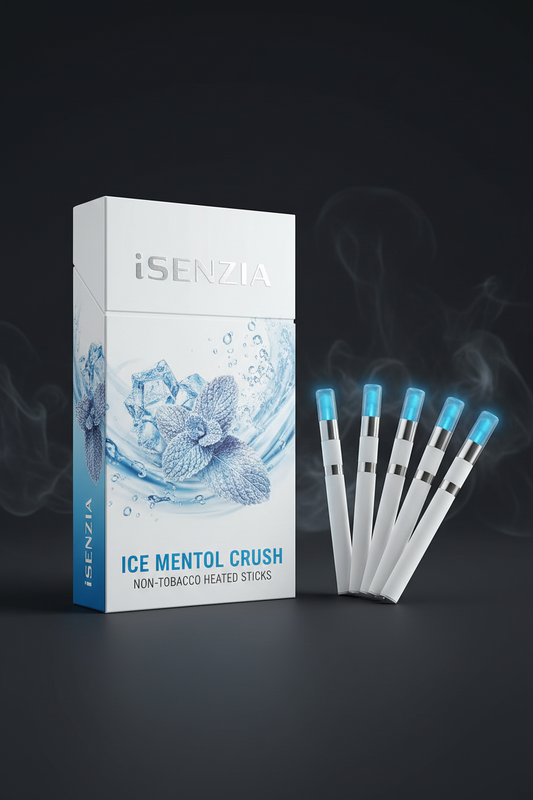 iSenzia Ice Menthol Crush non-tobacco heated sticks packaging with sticks on a dark background