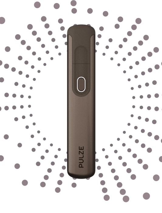 An electronic device resembling a Pulze tobacco kit in a rich copper color, displayed against a patterned background.