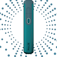 An electronic Pulze Tobacco Kit in Deep Teal color with a sleek design against a blue background with radiating dots.