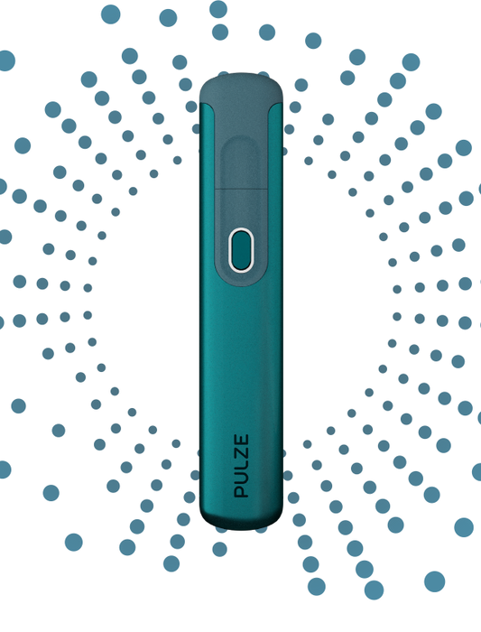 An electronic Pulze Tobacco Kit in Deep Teal color with a sleek design against a blue background with radiating dots.